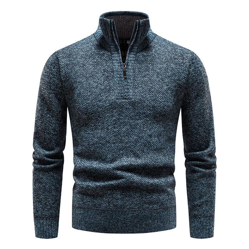 New Winter Fleece Sweater Pullovers Men Thick Warm Knitted Pullover Slim Mock Neck Sweaters Half Zipper Solid Mens Pullovers - Executive-Skincare