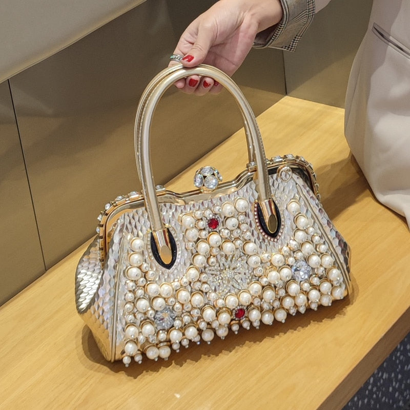 Luxury Fashion Brand Pearl Women&#39;s Handbag 2022 New Leather Diamond Shoudler Crossbody Evening Bag Portable Rhinestone Lock Bags - Executive-Skincare