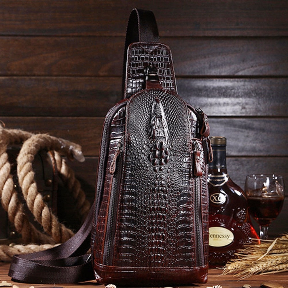 High Quality Real Leather Men Messenger Shoulder Cross body Bag Oil Wax Cowhide Travel Crocodile Pattern Sling Chest Back Pack - Executive-Skincare