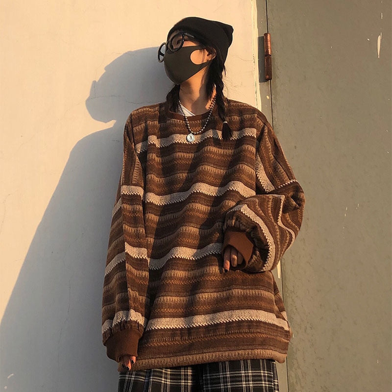 Unisex Women Striped Knit Sweater Spring Autumn Retro Hip Hop Pullovers Tops Female Oversize Ulzzang BF Couples Japanese - Executive-Skincare