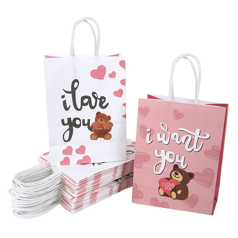 5pcs Love Heart Bear Kraft Paper Bags Valentines Day Gift Packaging Anniversary Wedding Cookie Candy Bag Birthday Party Supplies - Executive-Skincare