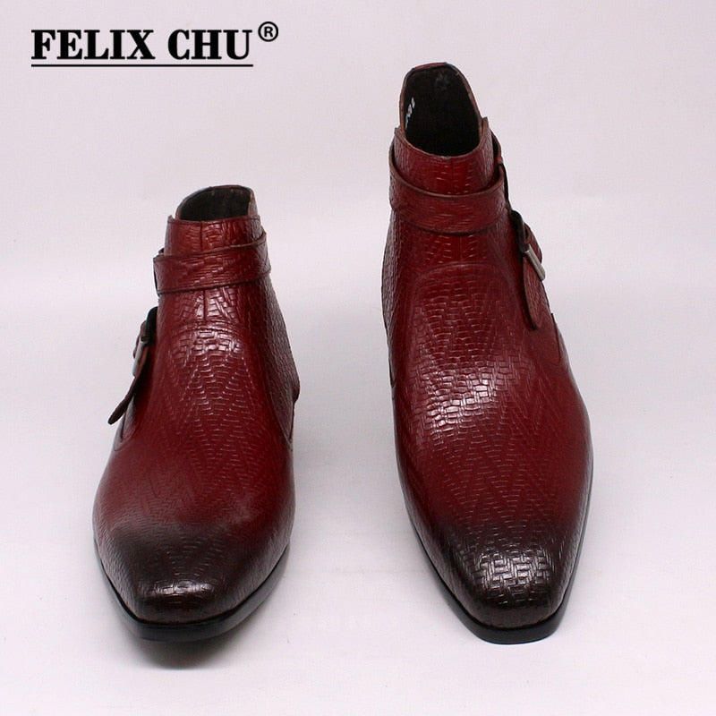 Handmade Men Ankle Boots Felix Chu Genuine Leather Mens Motorcycle Boots Black Red Buckle Strap High Top Dress Shoes for Men - Executive-Skincare