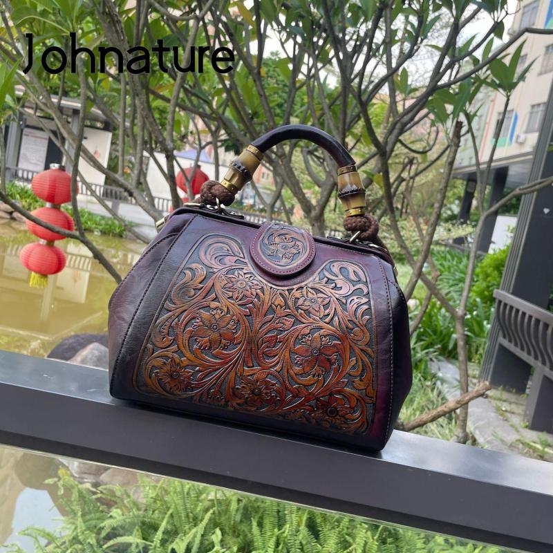 Johnature Luxury Handbag 2022 Autumn New Vintage Handmade Leather Carved Women Bag Versatile Female Shoulder &amp; Crossbody Bags - Executive-Skincare