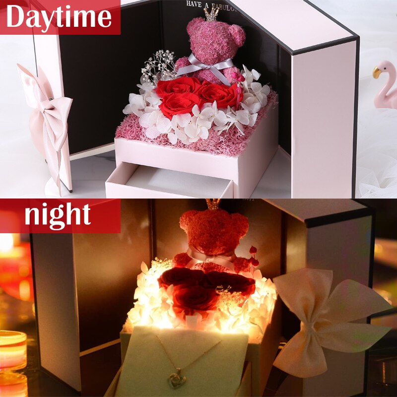 Luminous Preserved Flower Box Light Up Rose Bear Gift Box Artificial Flower Valentines Day Birthday Anniversary Girlfriend Gift - Executive-Skincare