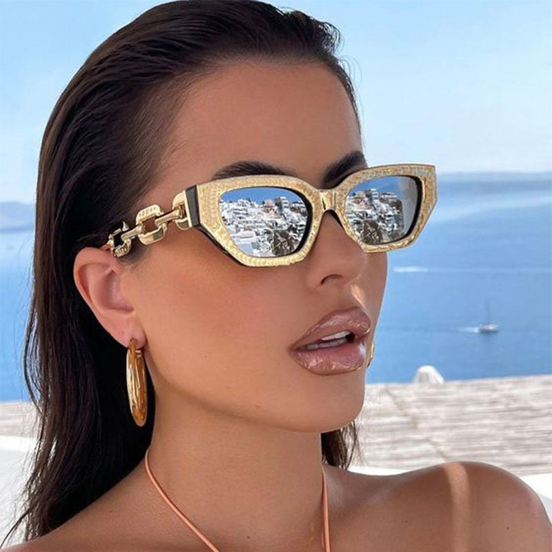 Vintage Cat Eye Sunglasses Women 2022 Trend New Fashion Small Metal Chain Sunglasses Elegant Eyeglasses Fashion Black Shades - Executive-Skincare