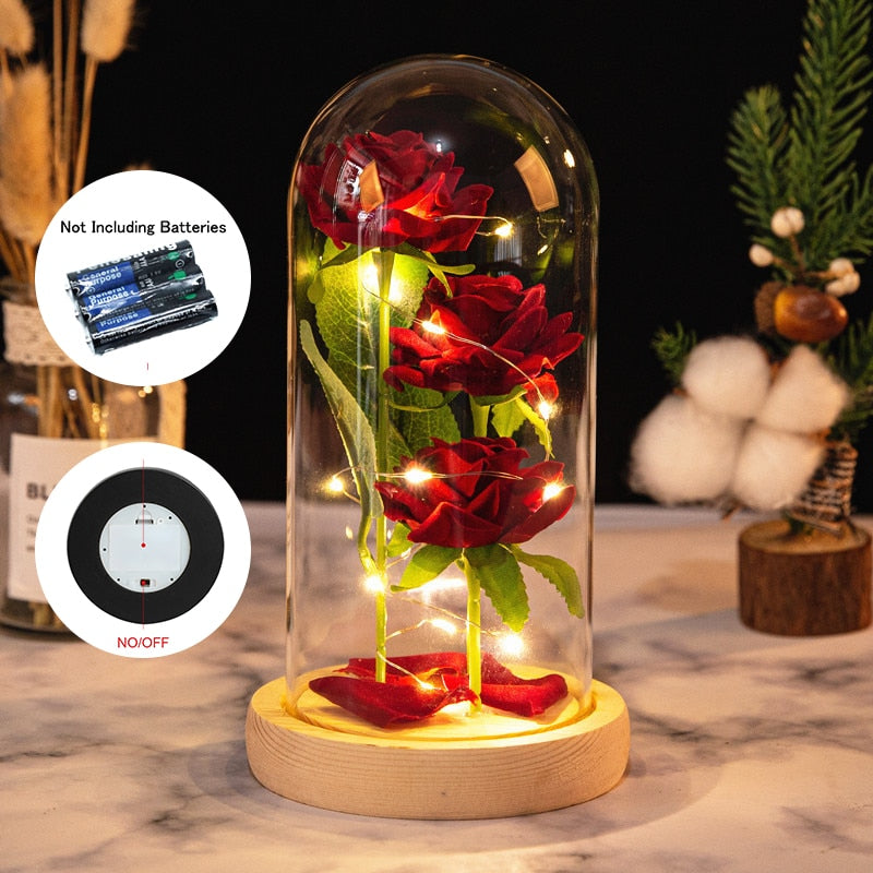 Simulation Rose Immortal Valentines Bouquet Gold Foil Anniversary Festival LED Log Glass Home Birthday Gift Artificial Flowers - Executive-Skincare