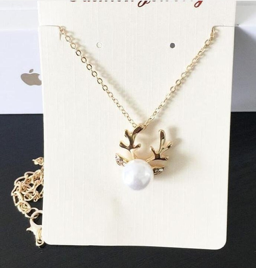 Cute Reindeer Antlers Pearl Chain Pendant Necklace Deer Stag Christmas Present  Necklace Christmas Decoration Reindeer - Executive-Skincare