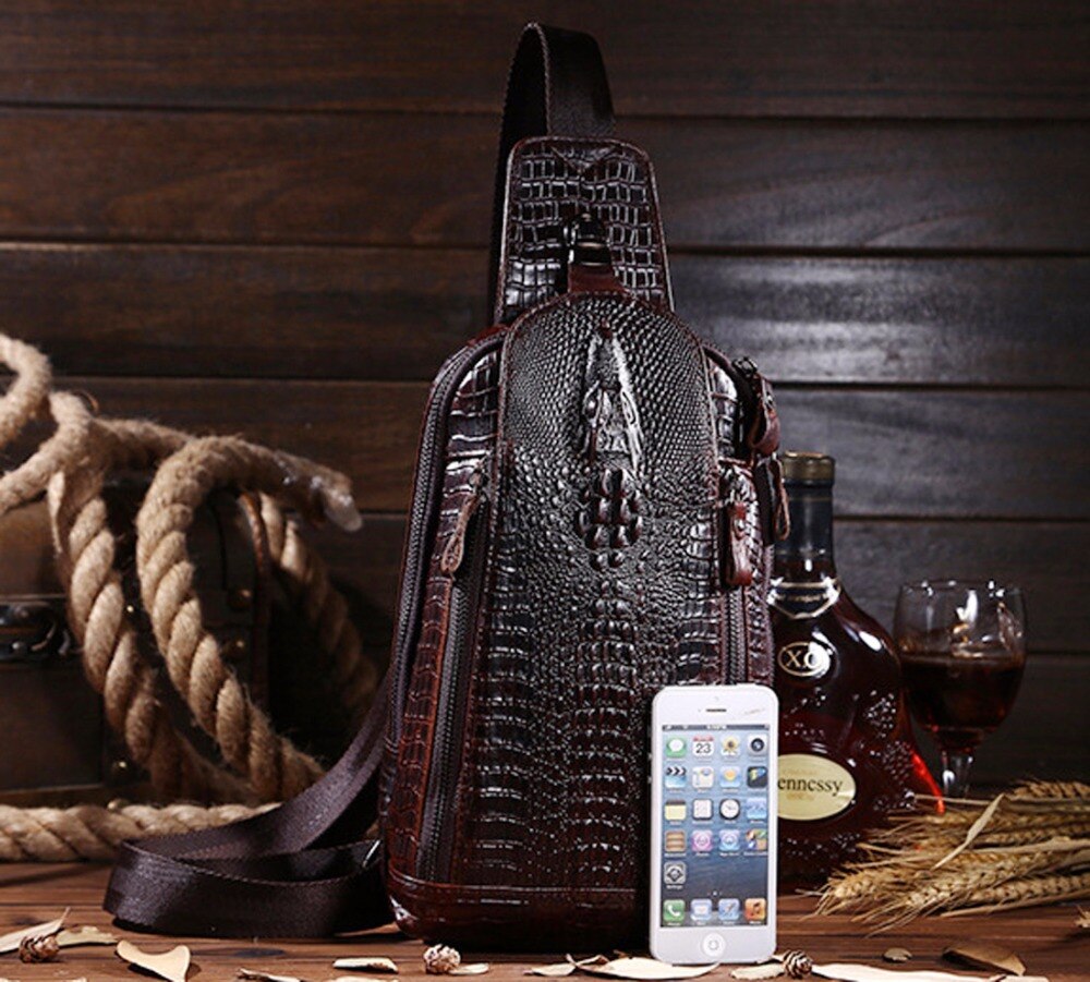 High Quality Real Leather Men Messenger Shoulder Cross body Bag Oil Wax Cowhide Travel Crocodile Pattern Sling Chest Back Pack - Executive-Skincare