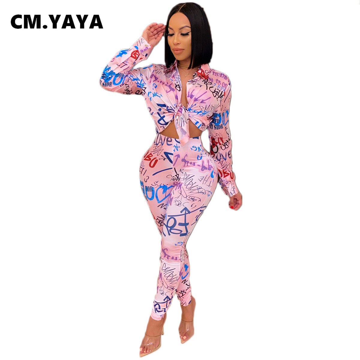 CM.YAYA Autumn Letter Leaf Print Women&#39;s Set Blouses Shirt Legging Pants Suit Active Wear Tracksuit Two Piece Set Fitness Outfit - Executive Quality Store