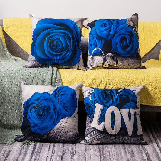 Blue Rose Linen Pillowcase 40*40 Living Room Sofa Cushion Cover 60*60 Home Decoration Pillowcase Valentine&#39;s Day Gift - Executive-Skincare