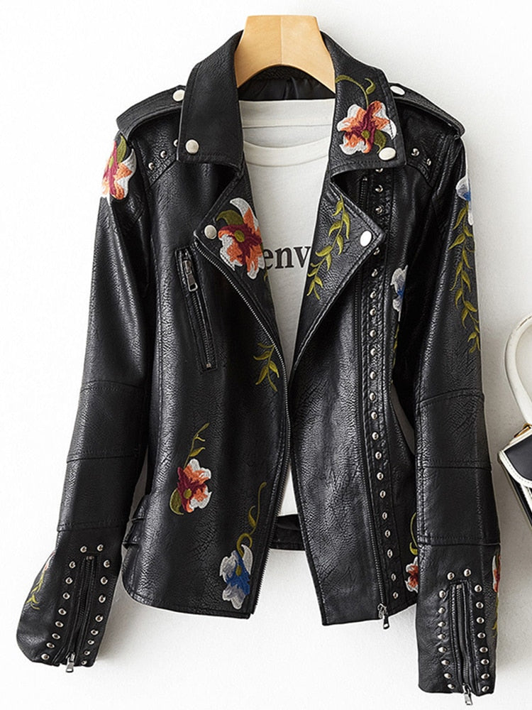 FTLZZ New Women Retro Floral Print Embroidery Faux Soft Leather Jacket Coat Turndown Collar Pu Moto Biker Black Punk Outerwear - Executive-Skincare