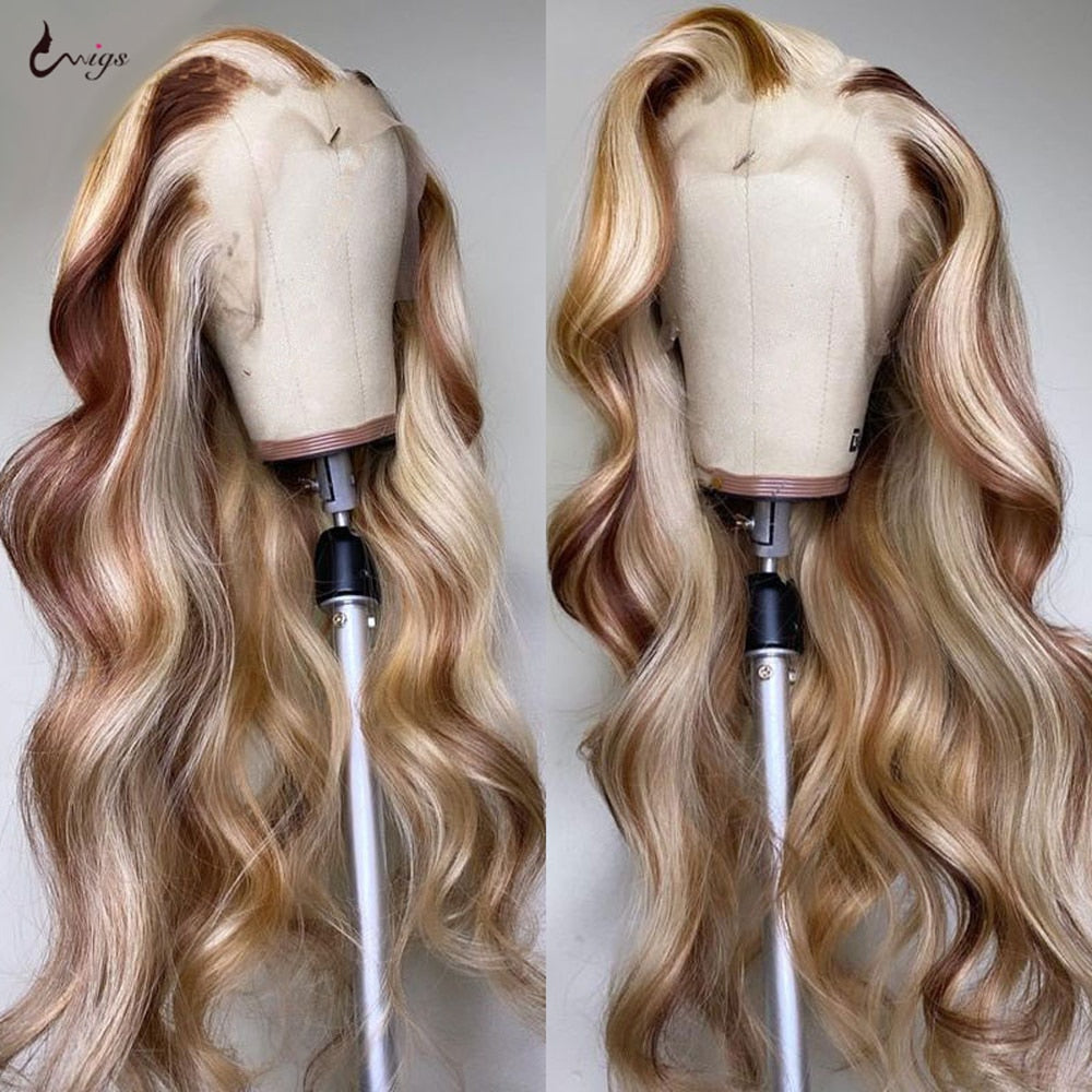 Blonde Lace Front Wig Human Hair Wigs for Women Blonde Balayage Highlight Colored Human Hair Wigs Ombre Body Wave Lace Front Wig - Executive-Skincare