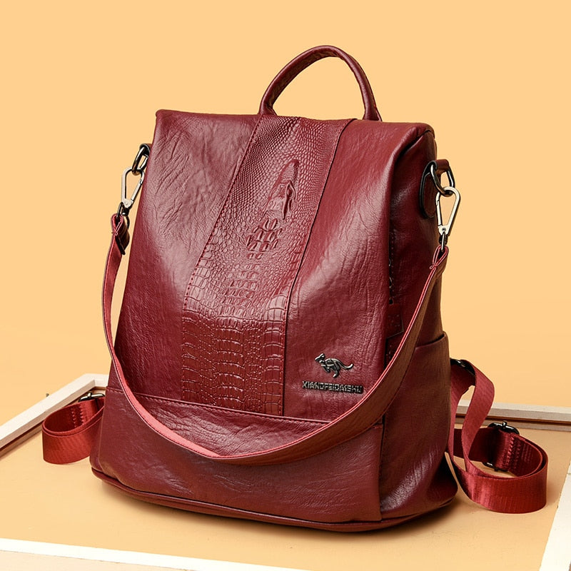 High Quality Soft Leather Ladies Backpack Fashion Crocodile Pattern Women&#39;s School Bag Solid Color Retro Casual Travel Backpacks - Executive-Skincare