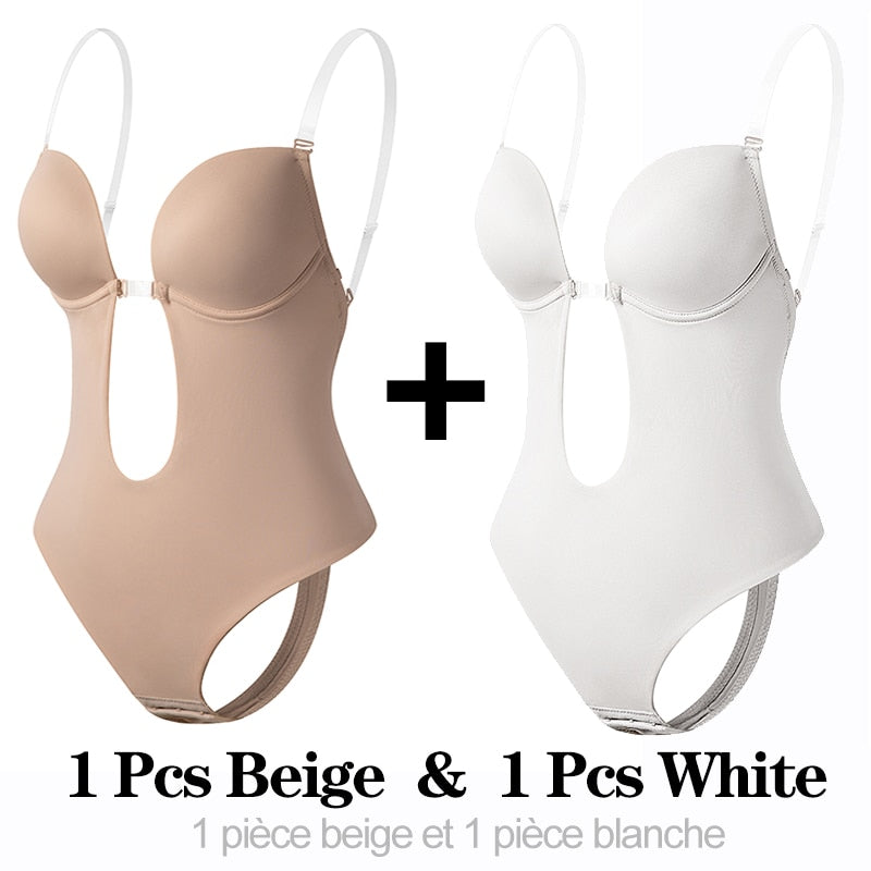 Invisible Shaper Bra Sexy Bodysuit Corset Backless Deep V-Neck U Plunge Thong Waist Trainer Clear Strap Padded Push Up Shapewear - Executive Quality Store