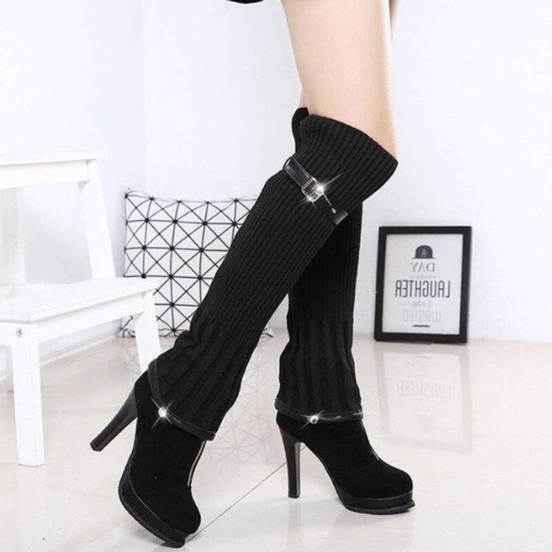 COVOYYAR 2022 Knitting Knee High Boots Fashion Long Thigh High Boots Women High Heels Autumn Winter Women Shoes Dual Use WBS2041 - Executive-Skincare