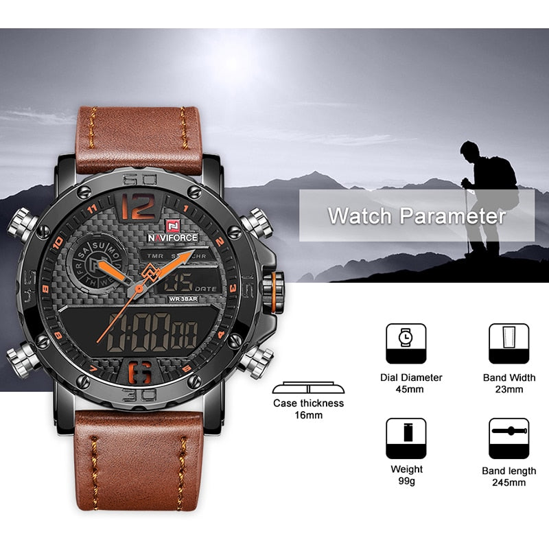 Mens Watches To Luxury Brand Men Leather Sports Watches NAVIFORCE Men&#39;s Quartz LED Digital Clock Waterproof Military Wrist Watch - Executive-Skincare