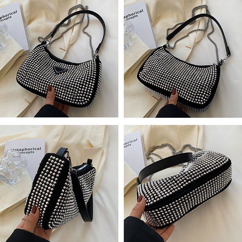 Luxury Zircon Nylon Shoulder Crossbody Square Bags For Women 2022 Chain Women&#39;s Designer Zipper Handbag Female Trend Armpit Bag - Executive-Skincare