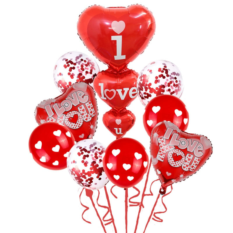 9Pcs Red Heart Love Foil Balloon Kit for Valentine&#39;s Day/Wedding Mariage Party Decorations I Love You Kiss Lips Ballons - Executive-Skincare