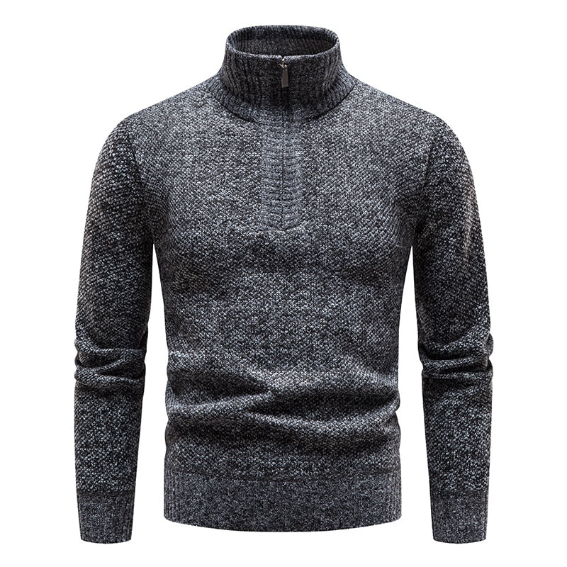 New Winter Fleece Sweater Pullovers Men Thick Warm Knitted Pullover Slim Mock Neck Sweaters Half Zipper Solid Mens Pullovers - Executive-Skincare