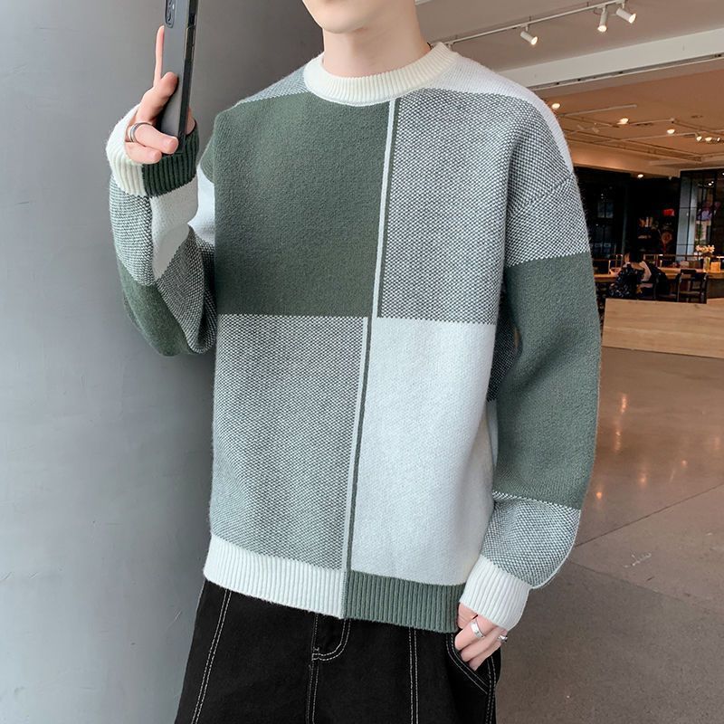 Autumn Winter New Fashion Temperament Patchwork Korean Sweaters Man Casual Loose Y2K Chic Male Tops Knitting Pullover Streetwear - Executive-Skincare