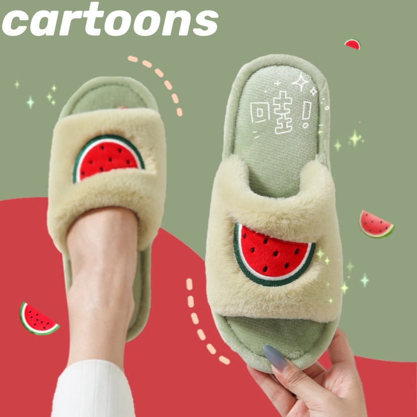 Winter Fur House Women Slippers Cute Cartoon Fruit Avocado Strawberry Bedroom Couples Shoes Warm Plush Ladies Furry Slides - Executive-Skincare