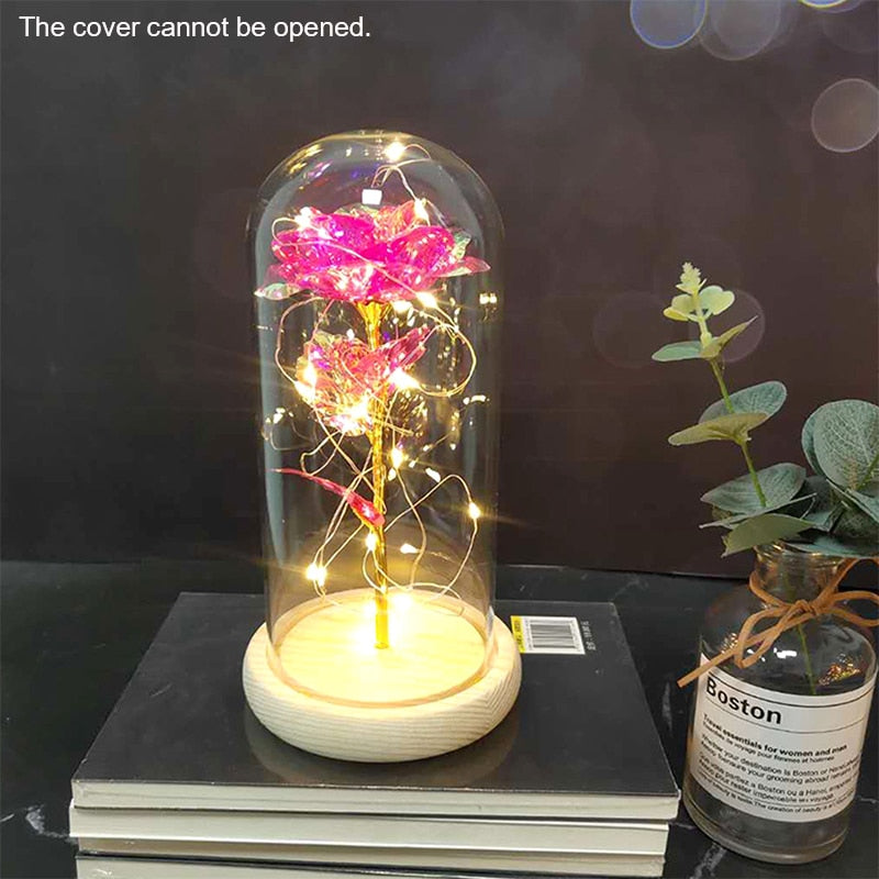 Simulation Rose Immortal Valentines Bouquet Gold Foil Anniversary Festival LED Log Glass Home Birthday Gift Artificial Flowers - Executive-Skincare