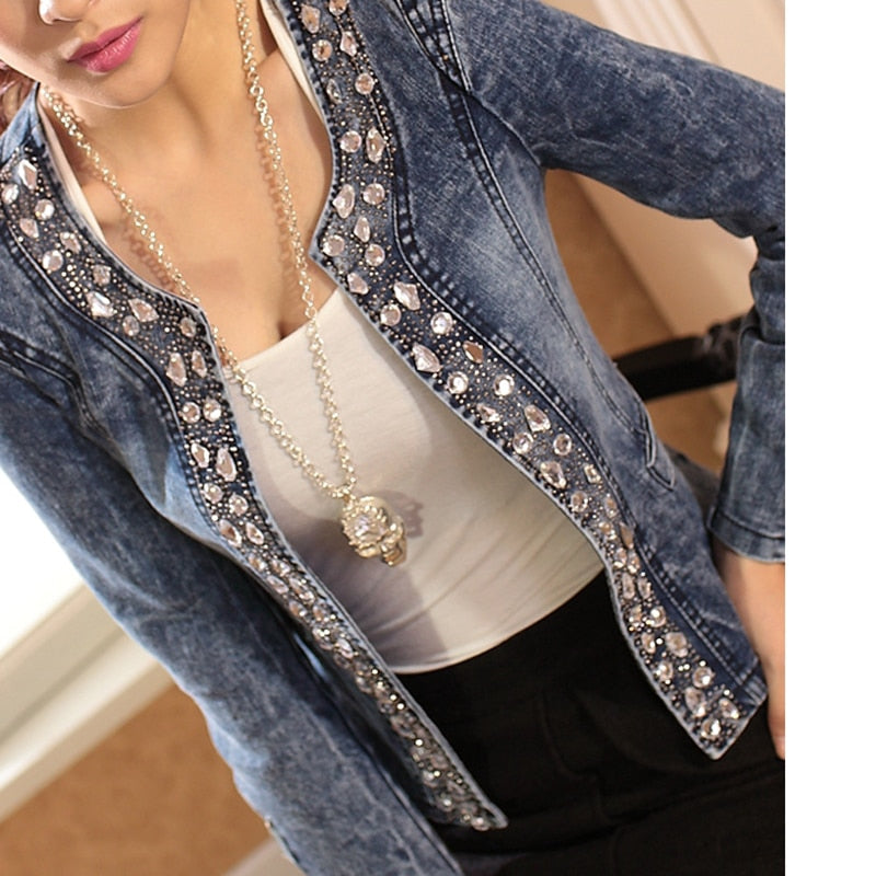 FMFSSOM New Spring Antumn Denim Jackets Vintage Diamonds Casual Coat Women's Denim Jacket Basis Tops Outerwear Jeans - Executive-Skincare