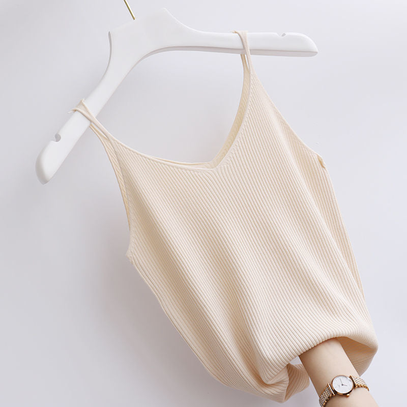 YEMOGGY Ice Silk Knit Camisole for Women Summer Tops 2022 New Solid V-Neck Skinny Elastic Knitted Suspender Camis Women&#39;s Tanks - Executive-Skincare