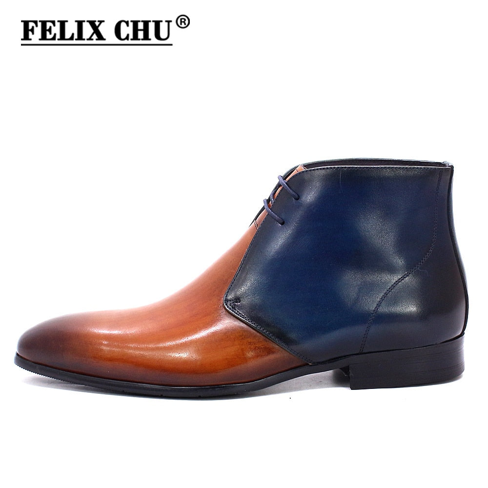 Handmade Men Ankle Boots Felix Chu Genuine Leather Mens Motorcycle Boots Black Red Buckle Strap High Top Dress Shoes for Men - Executive-Skincare