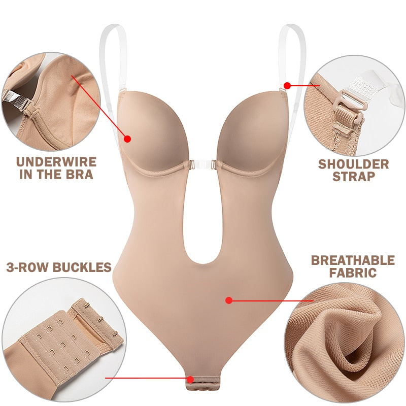 Invisible Shaper Bra Sexy Bodysuit Corset Backless Deep V-Neck U Plunge Thong Waist Trainer Clear Strap Padded Push Up Shapewear - Executive Quality Store