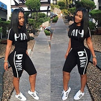 Fanco Casual Pink Letter Print Women Two Piece Set New Summer Rompers Sexy Striped T-Shirts And Skinny Pants 2pcs Outfits - Executive Quality Store