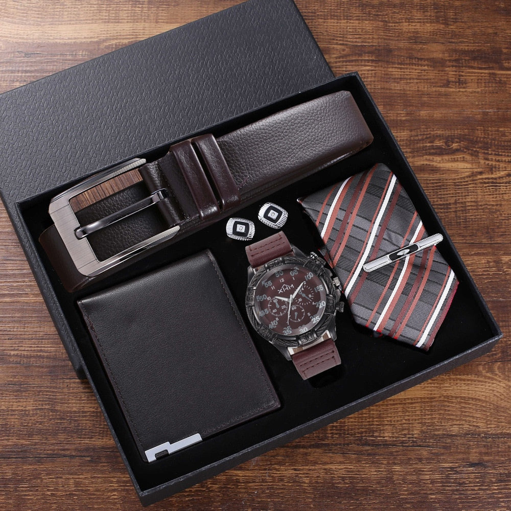 New 5Pcs/Set Luxury Watch for Men Fashion Gift Box Mens Watches Set Male Belt Wallet Cufflinks Tie Wristwatch Set Christmas Gift - Executive-Skincare