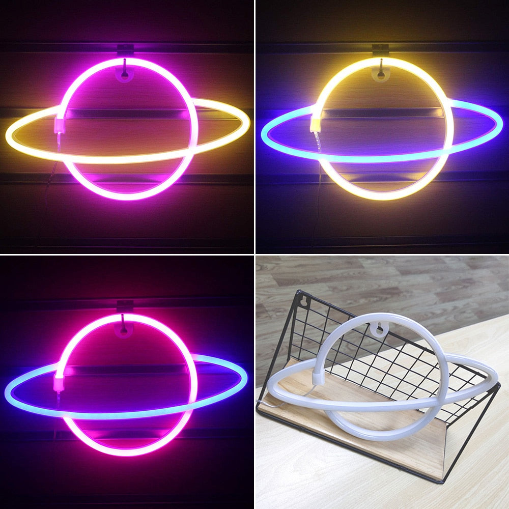 Planet LED Lights Neon Light Sign Bedroom Decor Neon Sign Night Lamp for Rooms Wall Art Bar Party USB or Battery Powered - Executive-Skincare