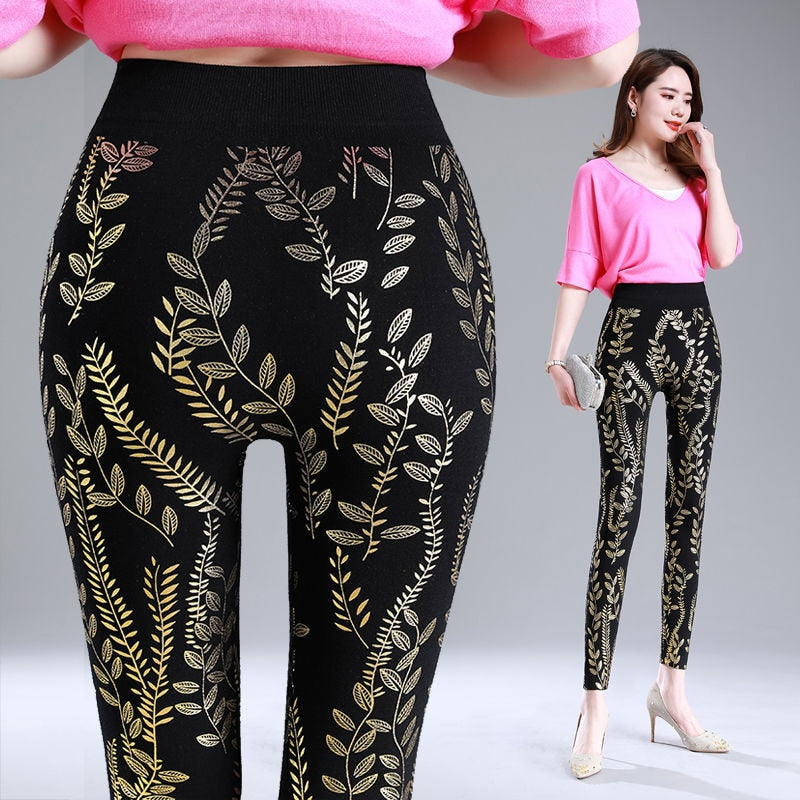 Autumn Winter Sequin Floral Women&#39;s Glitter Warm Velvet Leggings Pants High Waist Elastic Black Bottoms Pencil Trousers - Executive-Skincare