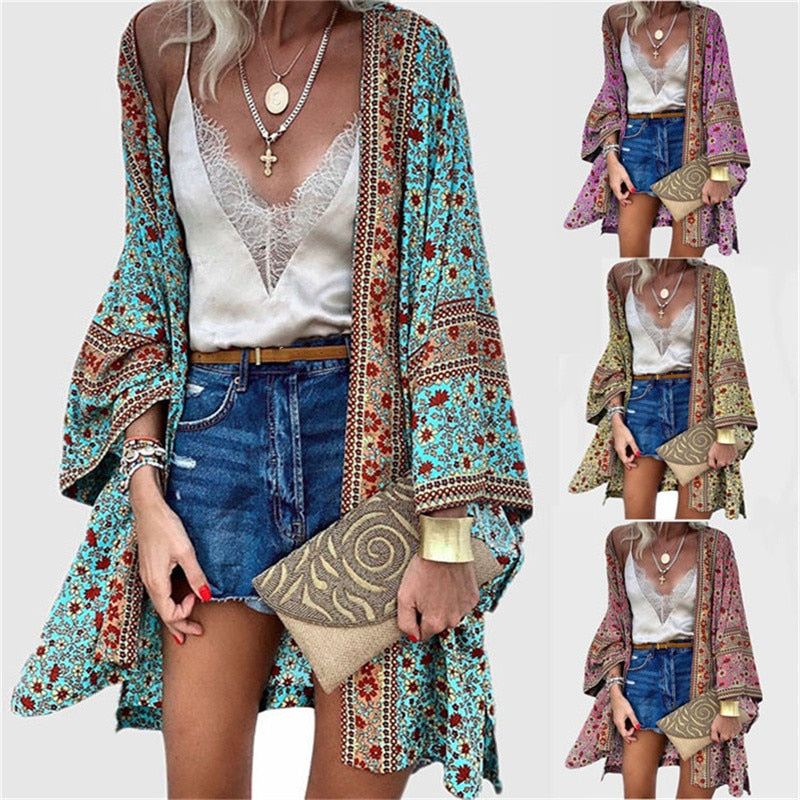 Summer Floral Printed Beach Cover Up Tops Bohemian Kimono Women Long Sleeve Cardigan Casual Loose Holiday Blouse Shirt Cover Up - Executive-Skincare