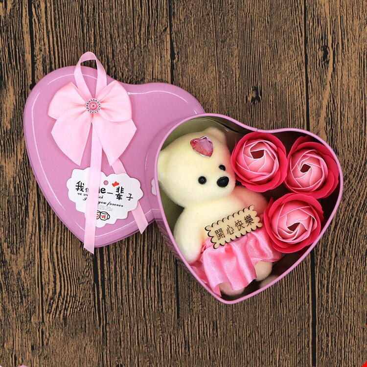 1pcs Heart-Shaped Artificial Rose Flowers Bear Gift Box Valentine Romantic Wedding Party For Girlfriend Wife Romantic Present - Executive-Skincare