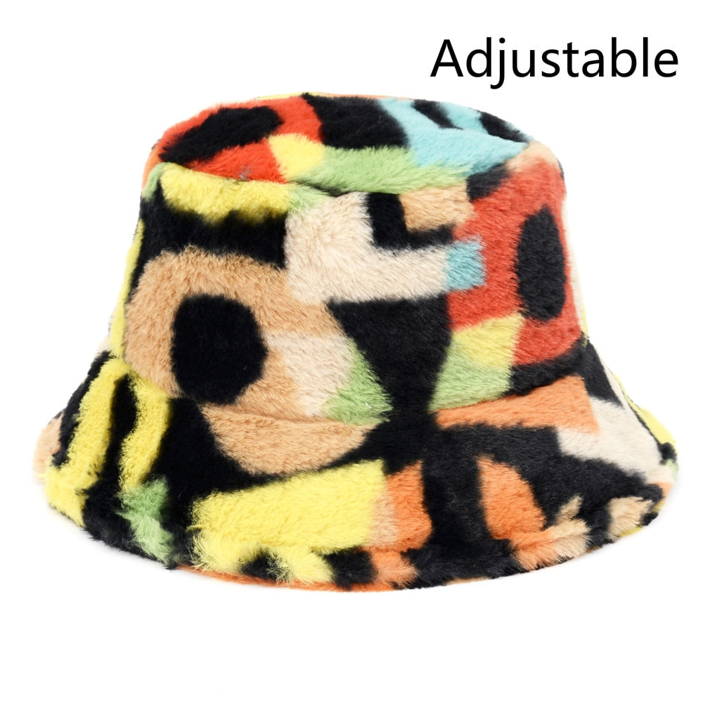 Winter Cow Leopard Faux Fur Fluffy Bucket Hats Women Outdoor Warm Sun Hat Soft Velvet Furry Fisherman Cap Girl Fashion Panama - Executive-Skincare