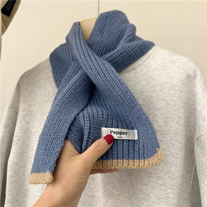 Korean Women Color Blocking College Style Wool Cross Knitted Scarf Female Winter Neck Protection Soft Windproof Warm Shawl V64 - Executive-Skincare