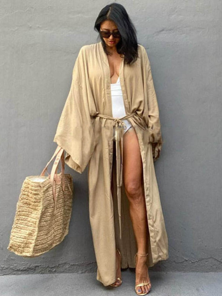 Solid Beach Cover Up Women Self Belted Wrap Kimono Dress Swimsuit 2022 New Robe Summer Beachwear Factory Supply - Executive-Skincare