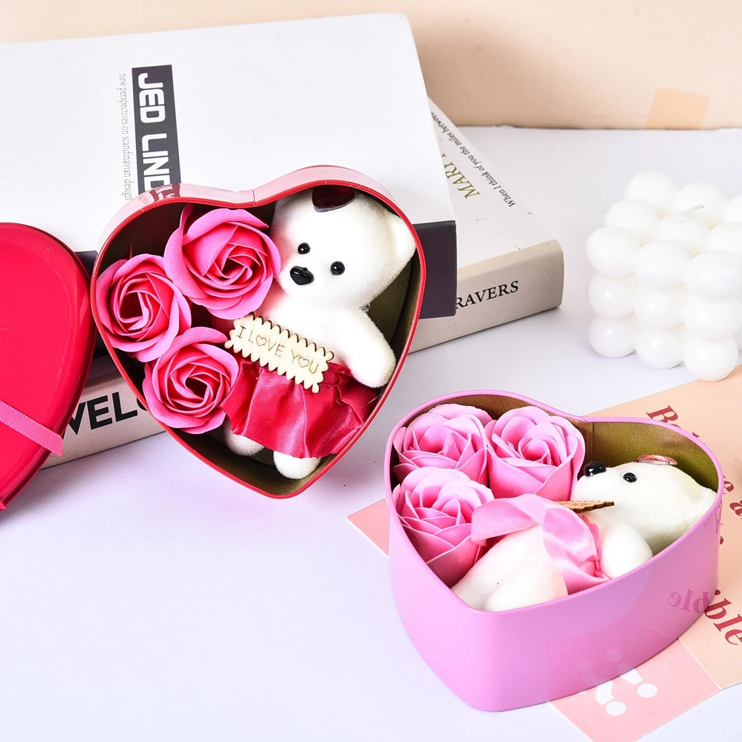 1pcs Heart-Shaped Artificial Rose Flowers Bear Gift Box Valentine Romantic Wedding Party For Girlfriend Wife Romantic Present - Executive-Skincare