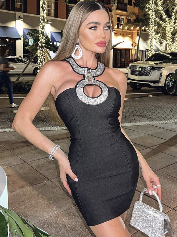 Women Summer Sexy Backless Halter Sequined Diamonds Sparkly Black Bodycon Bandage Dress 2022 Elegant Evening Club Party Dress - Executive-Skincare