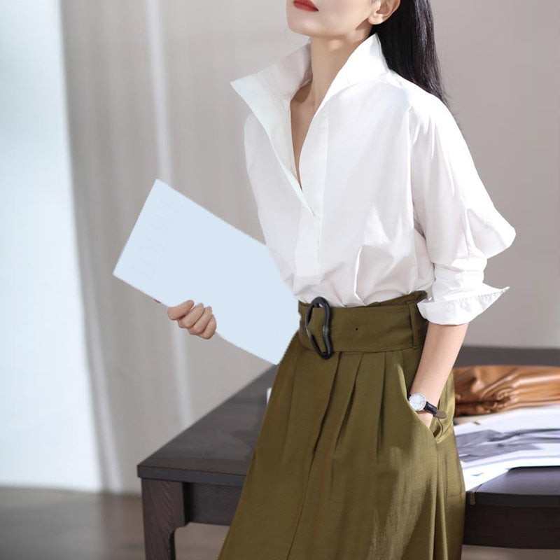 2022 New Autumn Fashion Women&#39;s Casual Three-quarter Sleeve Cotton Shirt Elegant Stand Collar White Office Lady Loose Blouse Top - Executive Quality Store