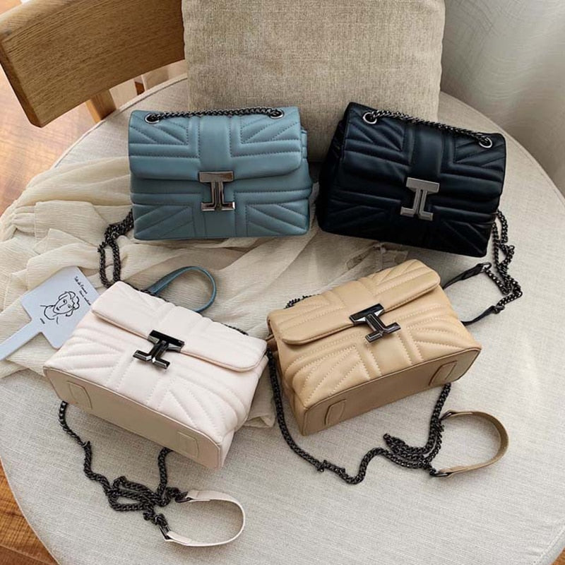 Trendy Chain Sling Crossbody Bags for Women PU Leather Shoulder Messenger Bag Ladies Brand Design Solid Color Female Travel Bag - Executive-Skincare