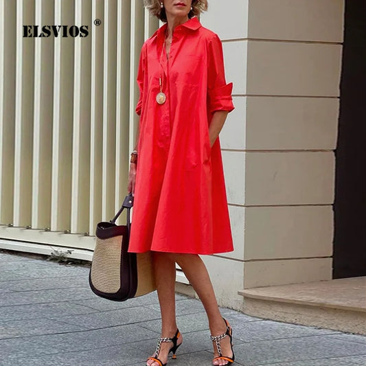 Autumn New Simple Shirt Dress Casual Solid Color Long Sleeves Fashion Turn-down Collar Elegant Pocket Streetwear Female Dresses - Executive-Skincare