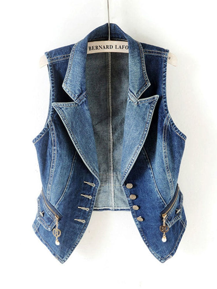 JMPRS Women Denim Vest Fashion Zipper Spring Jeans Jacket Sleeveless Loose Short Coat Causal Blue Waistcoats 5XL - Executive-Skincare