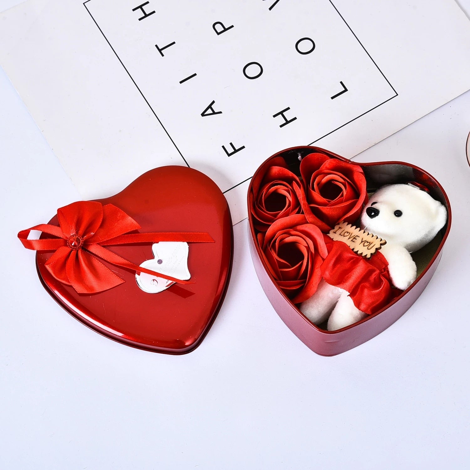 1pcs Heart-Shaped Artificial Rose Flowers Bear Gift Box Valentine Romantic Wedding Party For Girlfriend Wife Romantic Present - Executive-Skincare