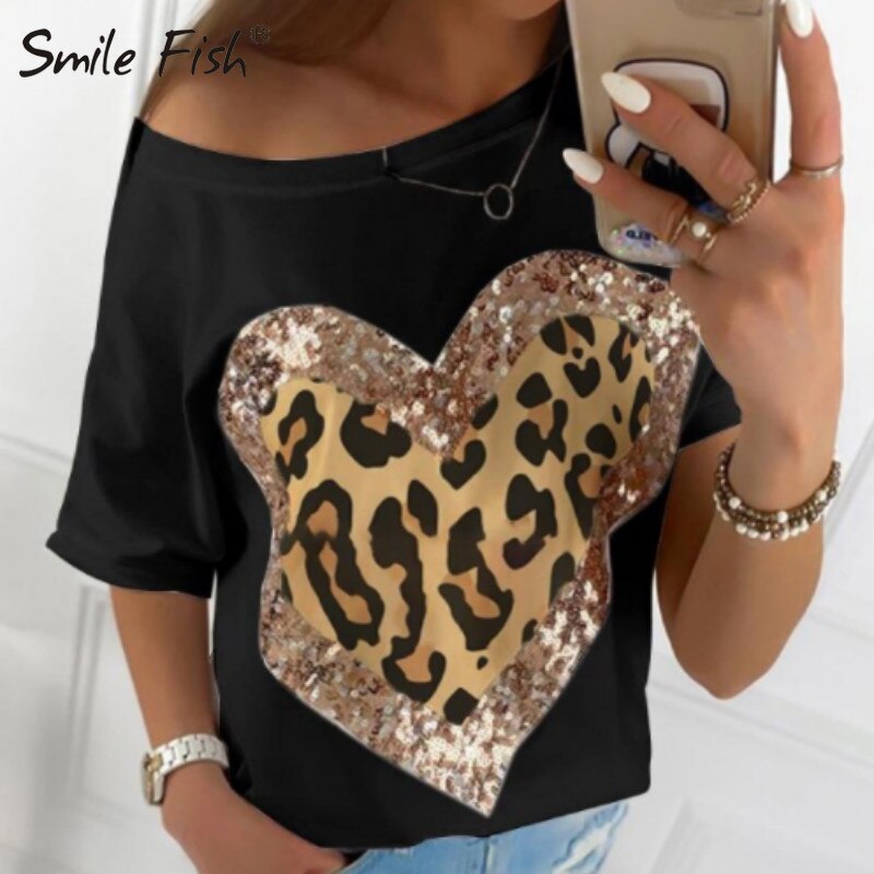 Sequined Heart Printed T-shirts Women Casual Bling Loose Short Sleeve Tee Top Chic  Flash Neck Summer Blusa Streetwear G1765 - Executive-Skincare