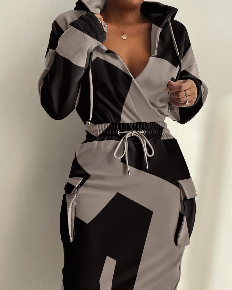 2022 Autumn Ladies Dress Fashion Stitching Print Hooded Drawstring Waist Dress Casual Commuter Temperament Elegant Dress Women - Executive Quality Store