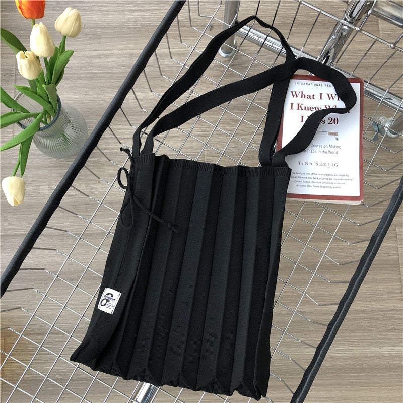 Female Wool Knitted Pleats Tote Organ Bag Designer Chic Stitching Contrast Korean Fashion Shoulder Shopper Handbag For Women - Executive-Skincare