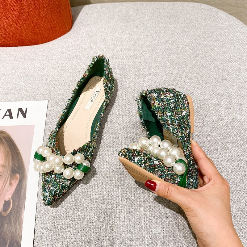 Flat Shoes for Women 2022 Spring Summer New Big Pearls Green White Women Flats Slip on Casual Loafers Zapatillas Mujer 44 45 46 - Executive-Skincare